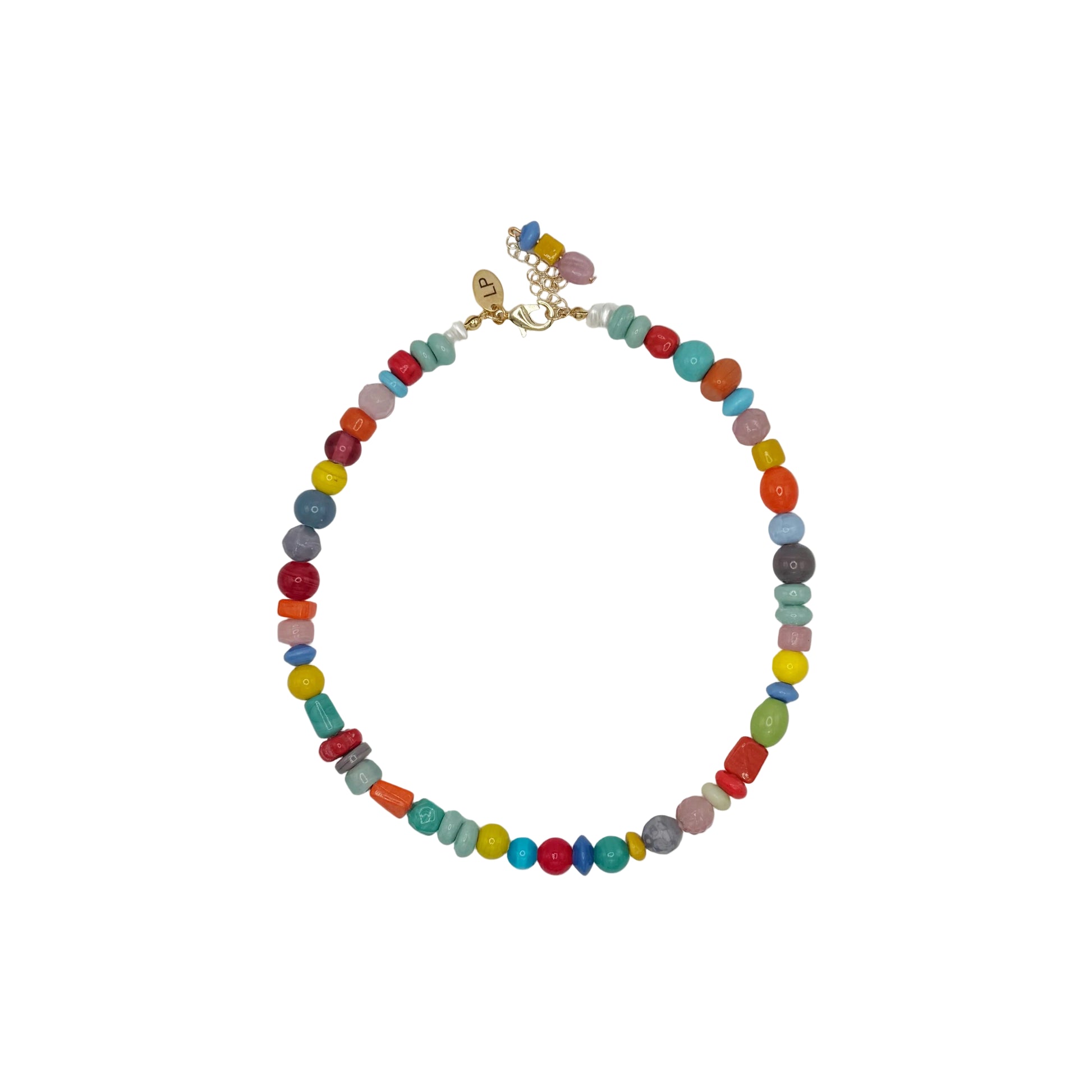 Colorful beaded necklace on a white background