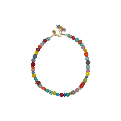 Colorful beaded necklace on a white background