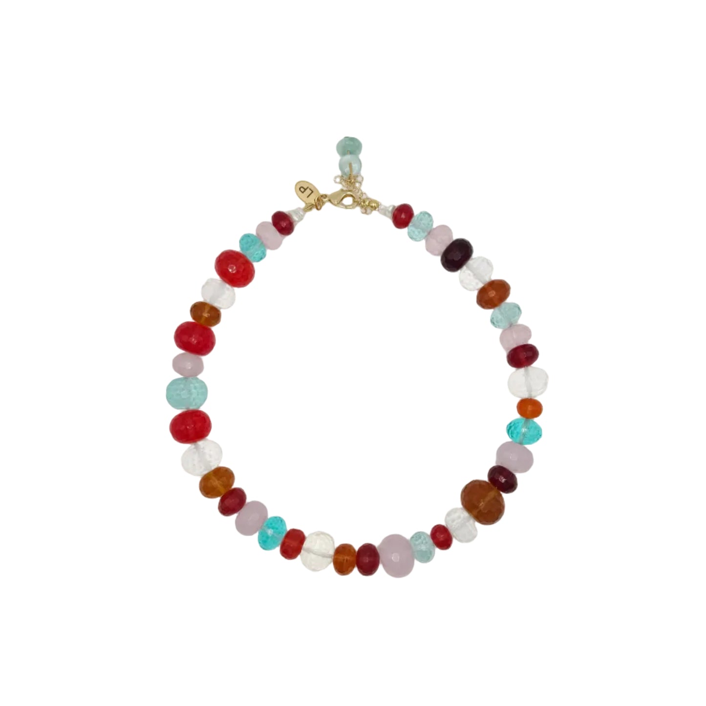 Multicolored beaded necklace on a white background