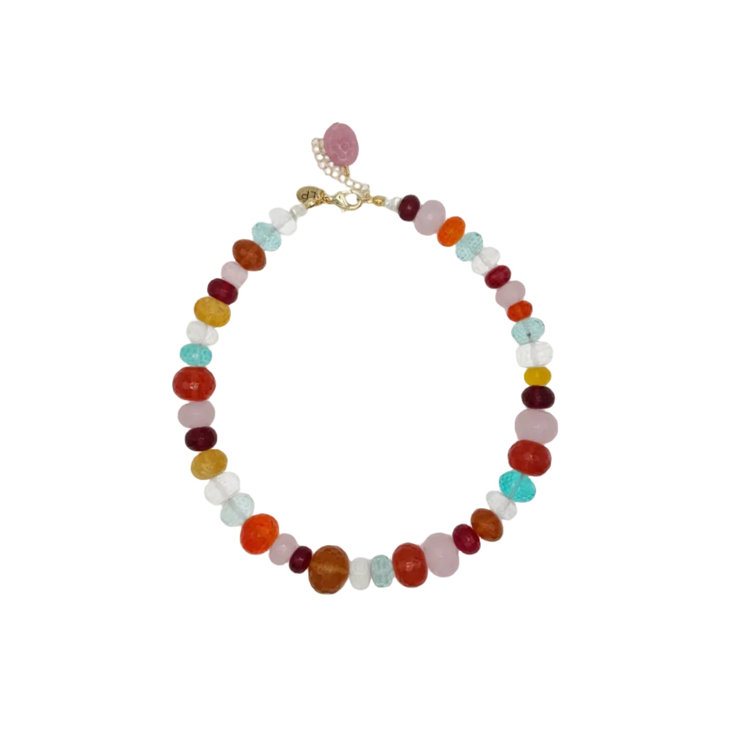 Multicolored beaded necklace on a white background