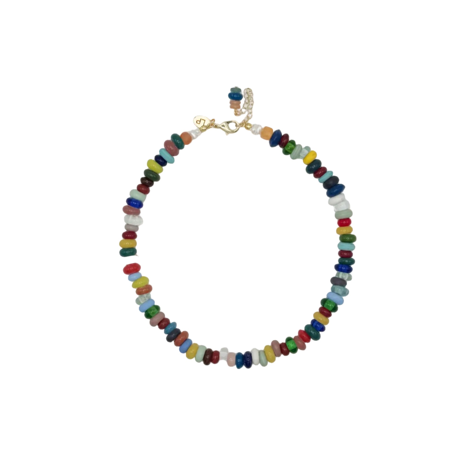 Multicolored beaded necklace on a light gray background