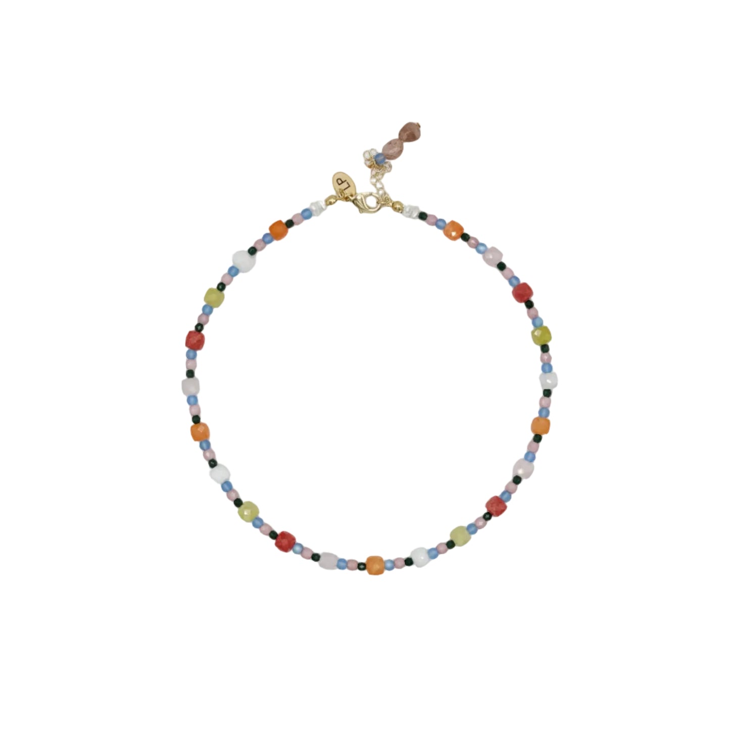 Multicolored beaded necklace on a white background