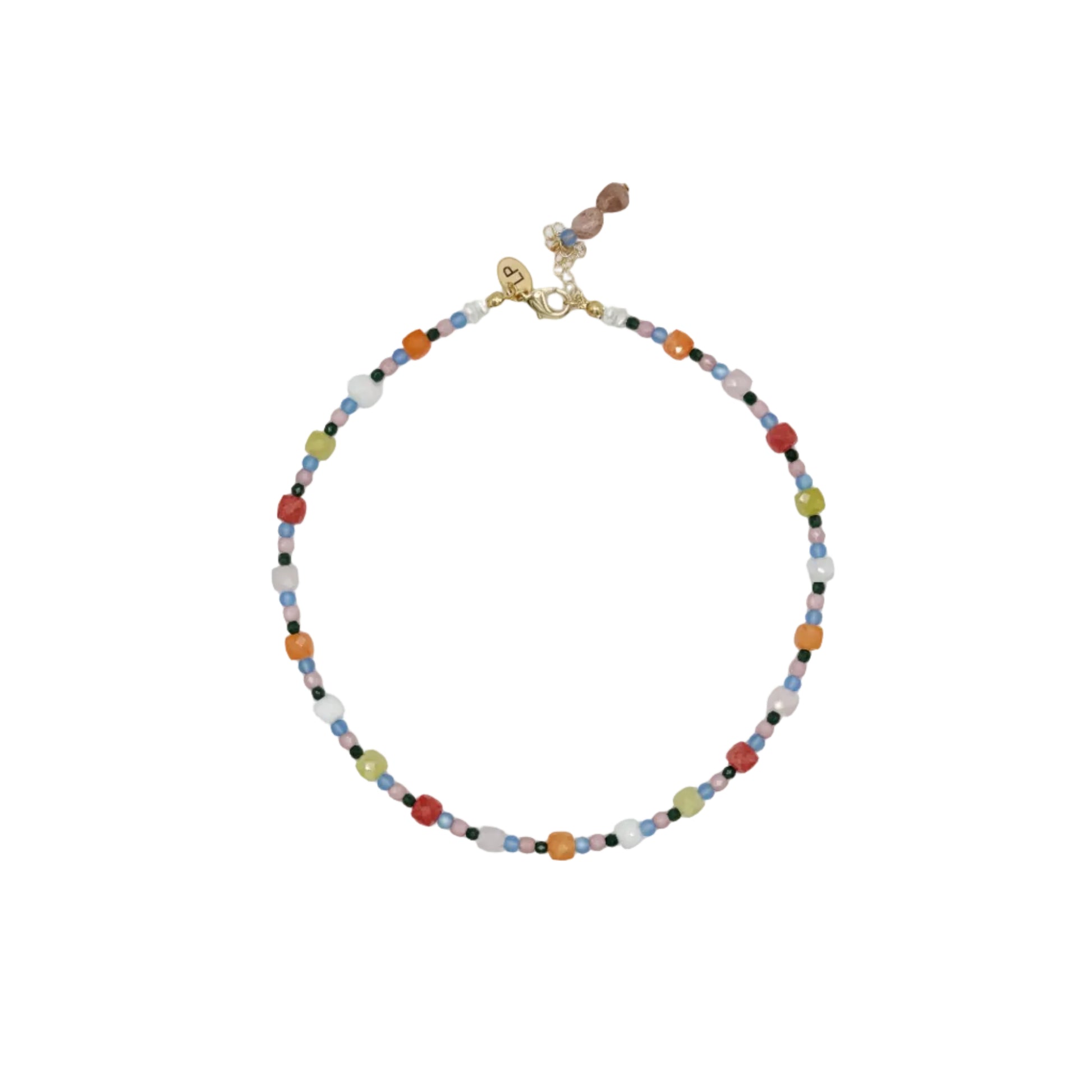 Multicolored beaded necklace on a white background