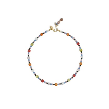 Multicolored beaded necklace on a white background