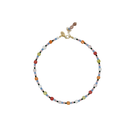 Multicolored beaded necklace on a white background