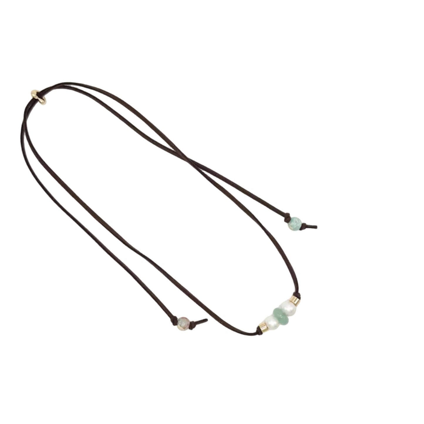 A double-strand dark brown cord necklace with small gold spacer beads and light green and gray stone accents, displayed on a clean white background.
