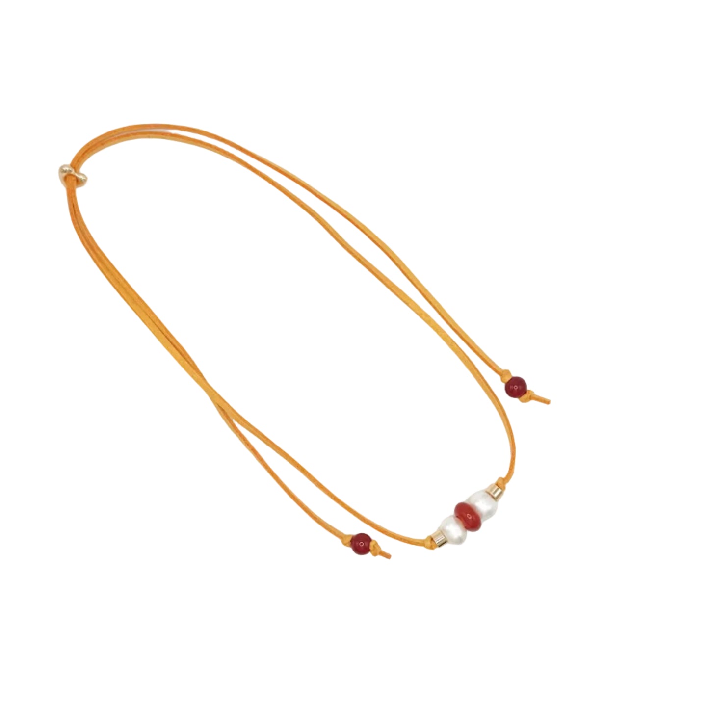 A double-strand cord necklace in a warm orange-brown color, featuring small red beads and a central white bead with gold-toned metal accents, displayed on a clean white background.