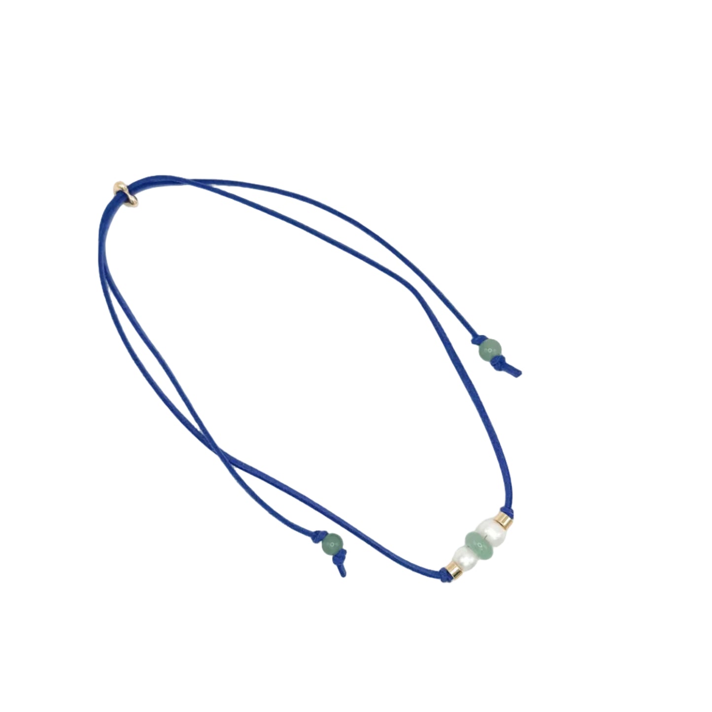 A double-strand navy blue cord necklace with small green beads and gold spacer rings, displayed on a clean white background.