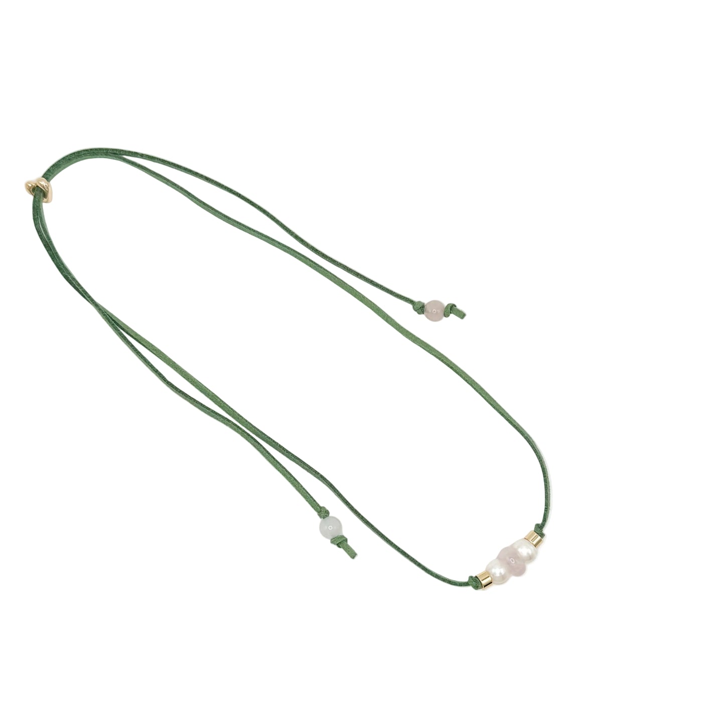 A dark green cord necklace featuring a central cluster of pale pinkish-white beads and small gold spacer rings, displayed on a clean white background.
