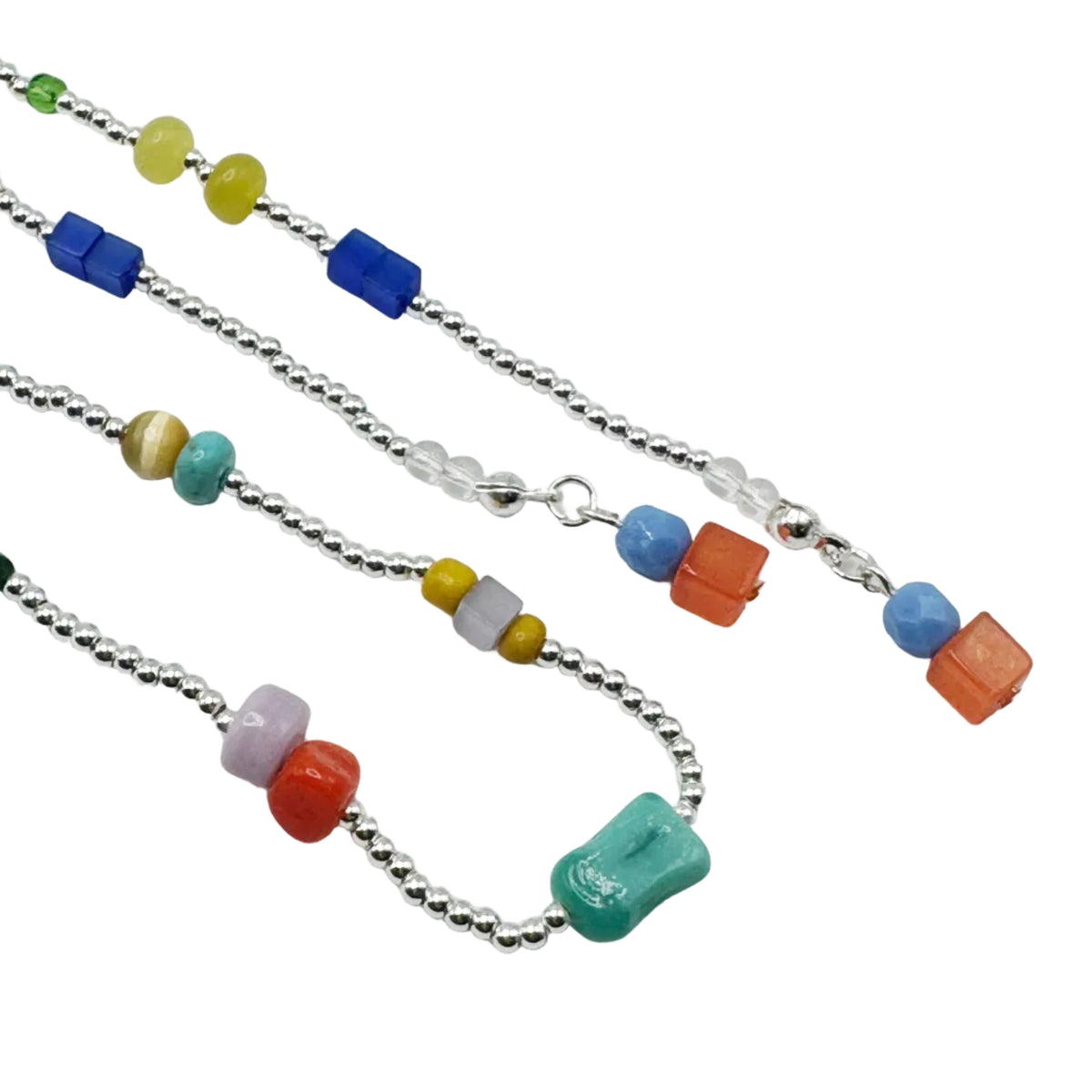 Three beaded chains with silver-toned ball chains and colorful glass beads in blue, orange, green, yellow, red, and purple, arranged on a white background.