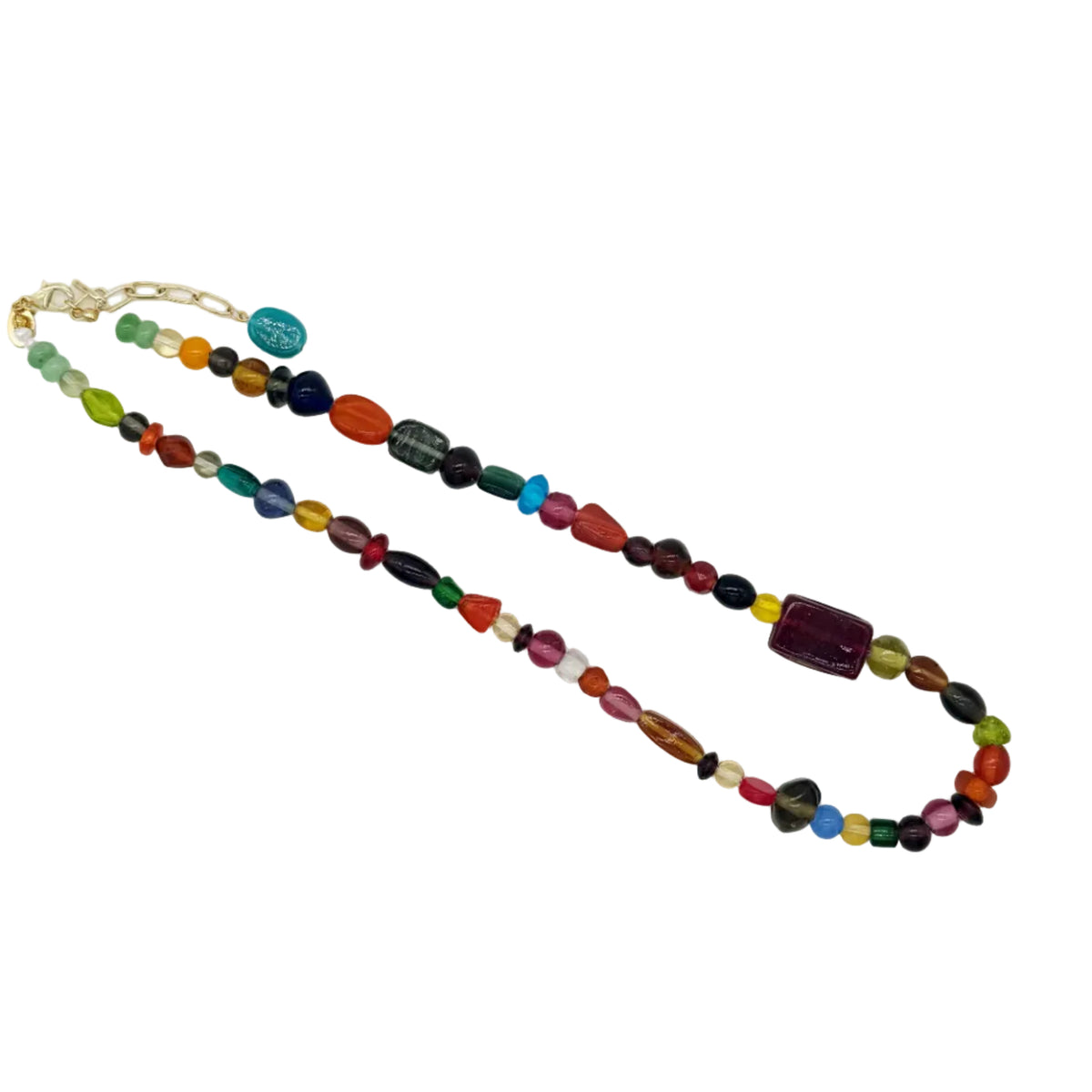 A multicolor beaded necklace with a gold-tone clasp, featuring a variety of colorful glass beads and a prominent dark purple rectangular bead, displayed on a clean white background.