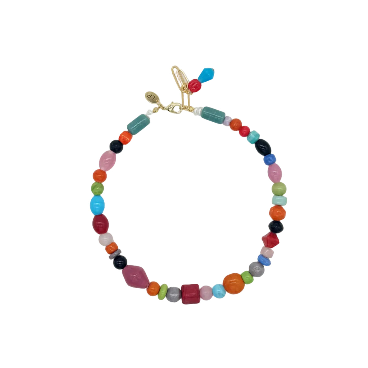 A beaded necklace with a gold clasp, featuring a mix of colorful round, square, and cylindrical beads in red, orange, green, blue, pink, and black, displayed on a clean white background.