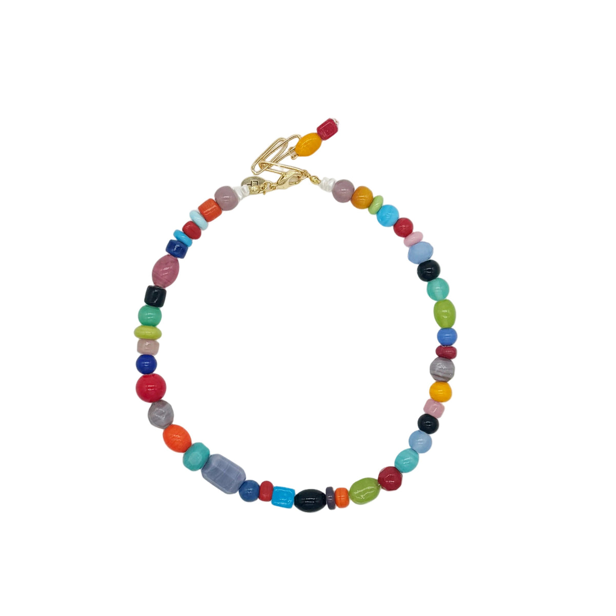 A beaded necklace with multicolored round and oval beads, featuring a gold clasp, displayed on a clean white background.
