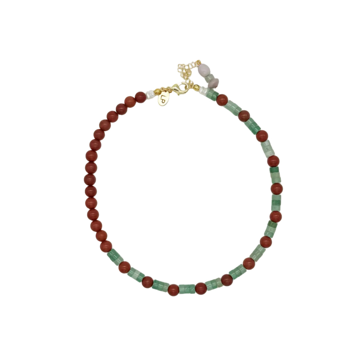 A beaded necklace with alternating dark red and light green round beads, accented by small gold spacer beads and a gold clasp, displayed on a clean white background.