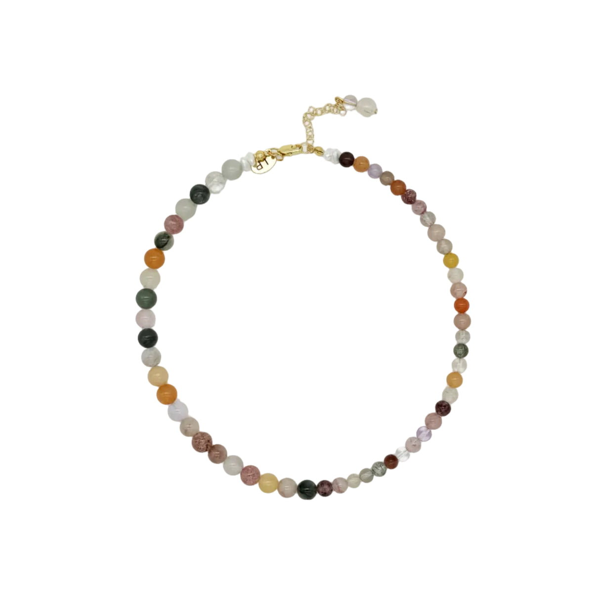 A beaded necklace made of small multicolored round beads with a gold clasp, displayed on a plain white background.