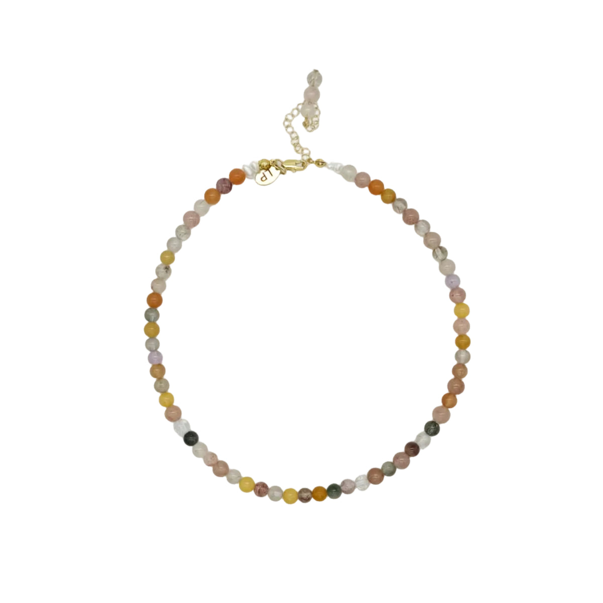 A beaded necklace made of small, polished round beads in earthy tones of brown, orange, yellow, gray, and black, accented by a gold-tone clasp and extender chain, displayed on a clean white background.
