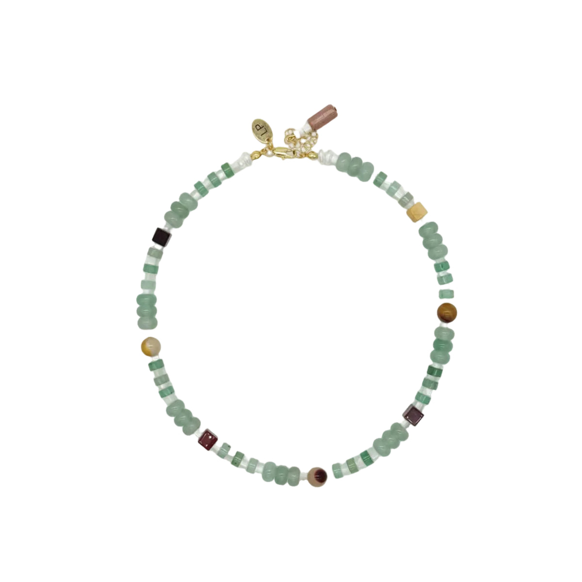 A beaded necklace featuring light green faceted beads, small brown wooden beads, and a gold clasp, displayed on a clean white background.