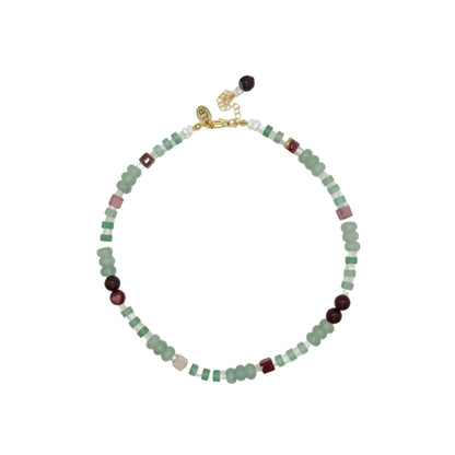A beaded necklace with light green, white, and dark red beads, accented by a gold clasp, displayed on a clean white background.