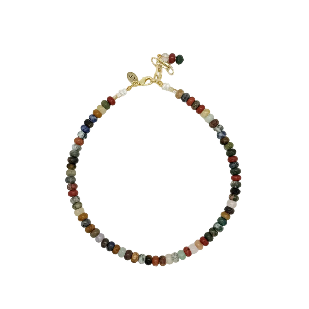 A beaded necklace with small multicolored round beads and a gold clasp, photographed on a plain white background.
