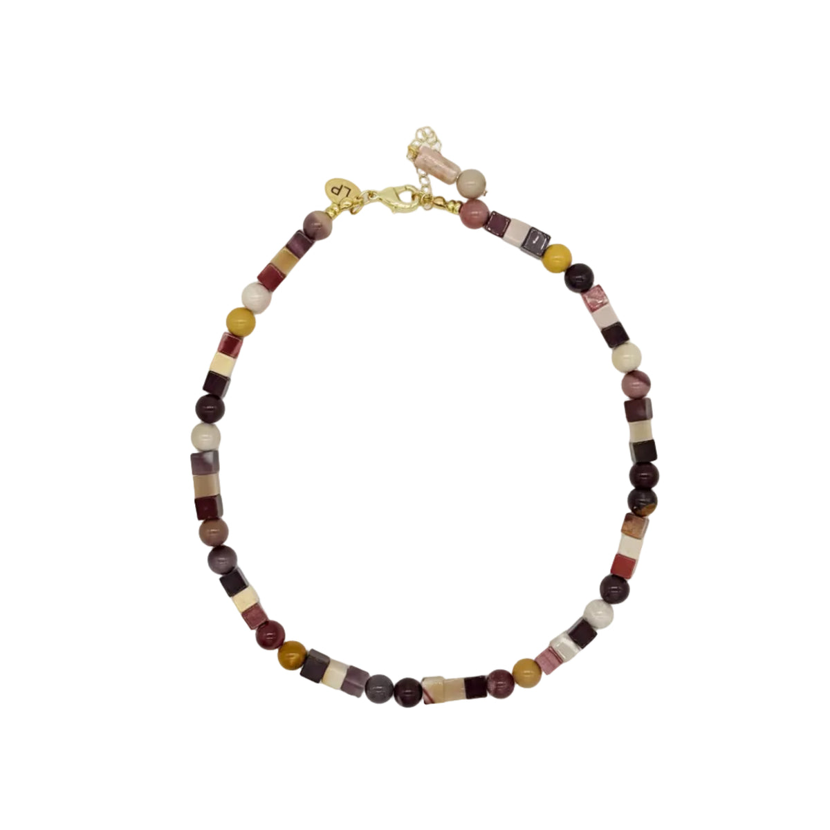 A beaded necklace with small multicolored stone beads in shades of burgundy, brown, cream, and yellow, accented by gold-toned metal links and a lobster clasp, shown on a plain white background.