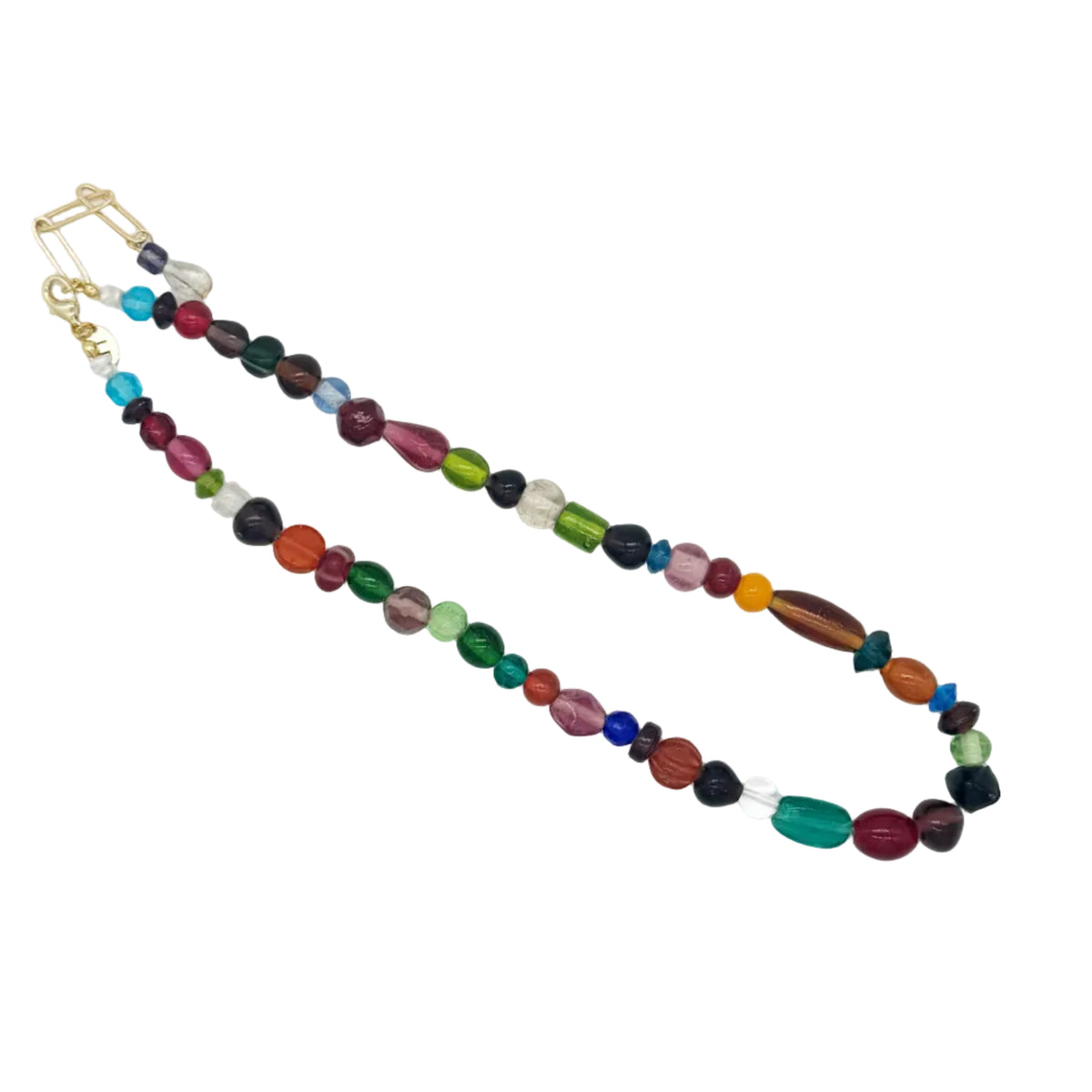 A beaded strand necklace with a gold clasp, featuring a mix of colorful oval and round beads in green, red, blue, purple, orange, and black, displayed on a plain white background.
