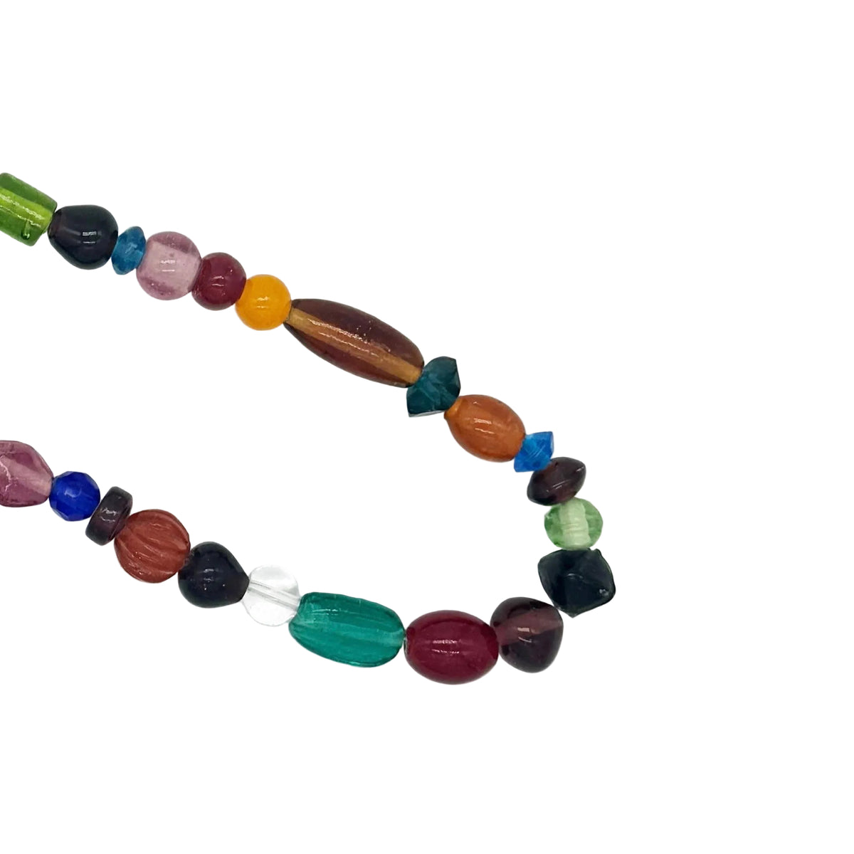 A multicolor beaded necklace made of polished gemstone beads in various shapes and colors, including green, red, orange, blue, black, and white, arranged on a plain white background.