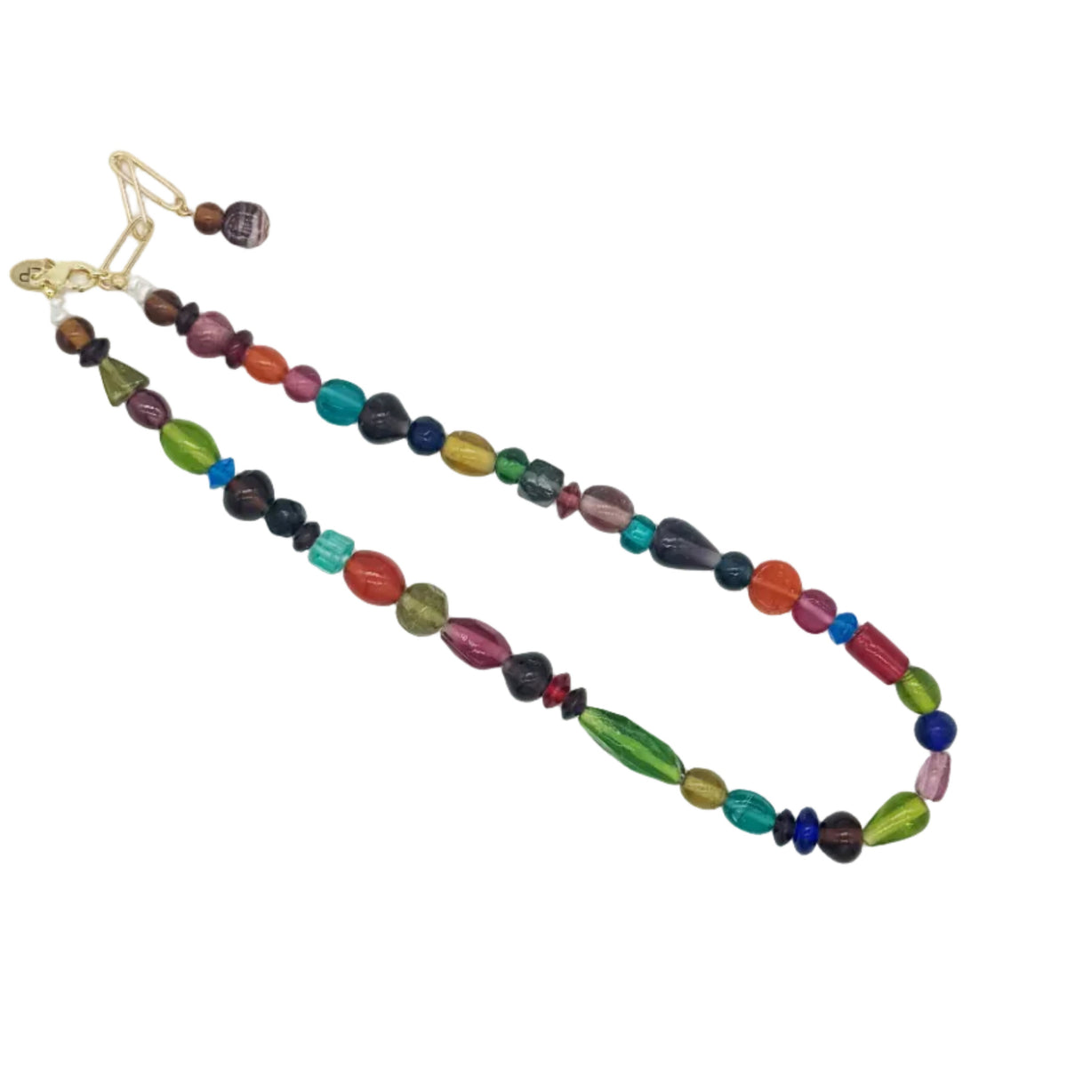 A beaded necklace with multicolored oval and round beads, accented by small gold spacer beads and a gold clasp, displayed on a plain white background.