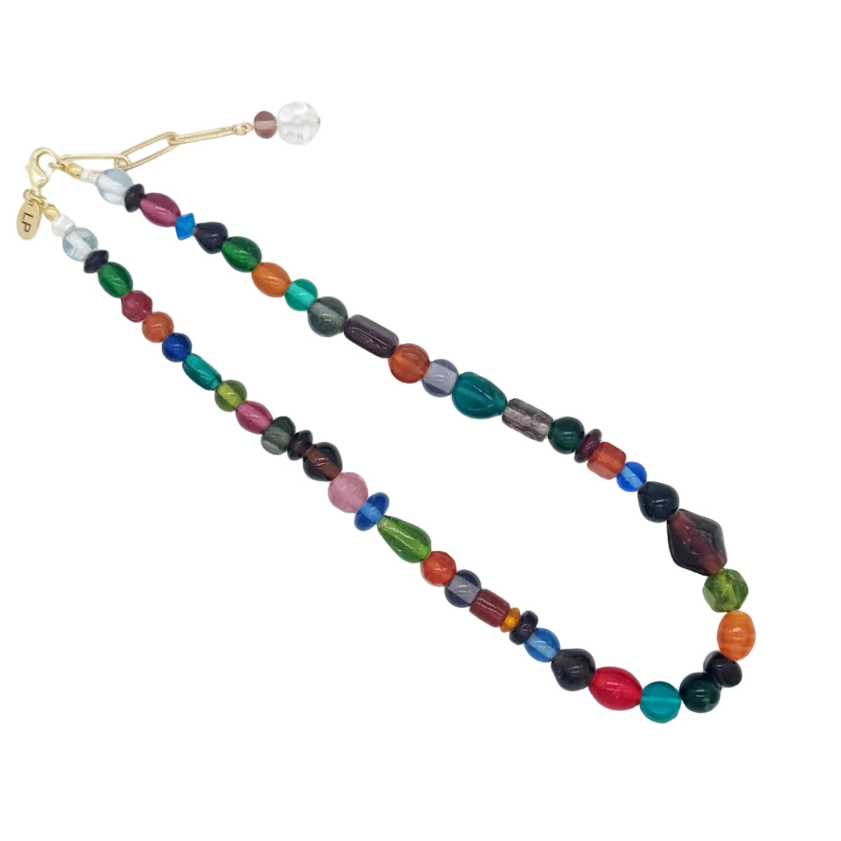 A multicolor beaded necklace with a gold clasp, displayed on a white background.