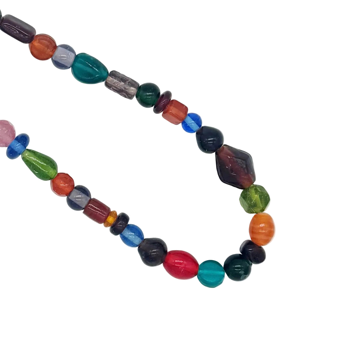 A multicolor beaded necklace made of polished gemstone beads in various shapes and colors, arranged in a loop on a plain white background.