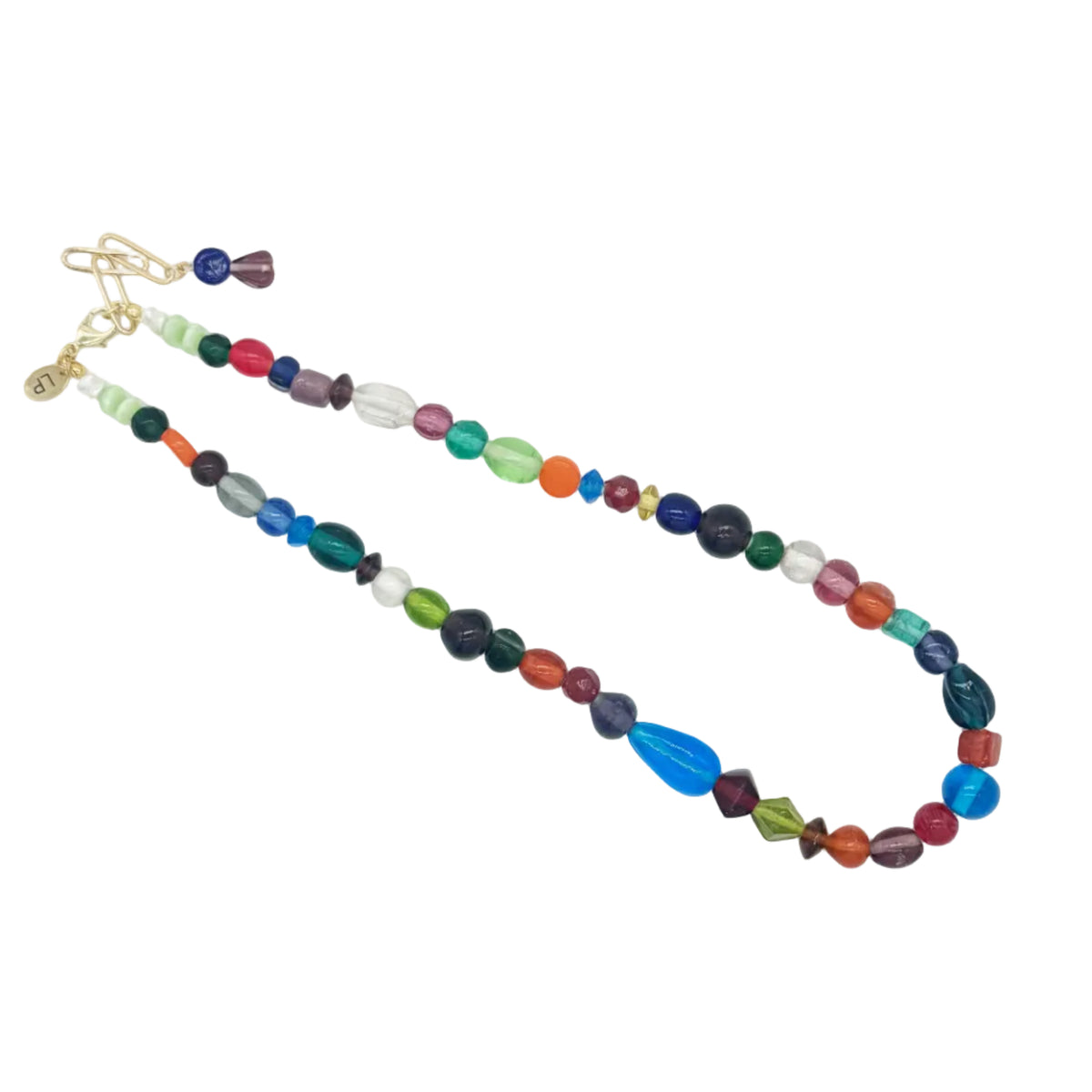 A multicolor beaded necklace with a gold clasp, displayed on a clean white background.
