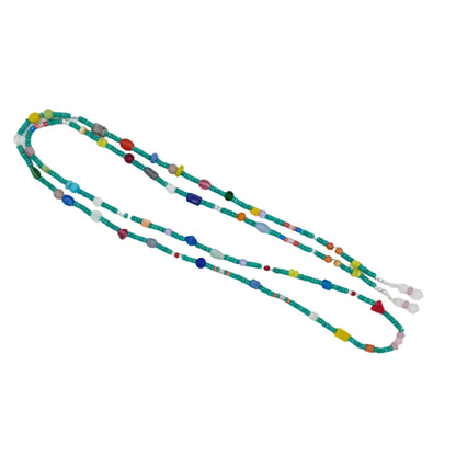 A long beaded necklace with turquoise, green, yellow, red, blue, and pink beads, displayed on a plain white background.
