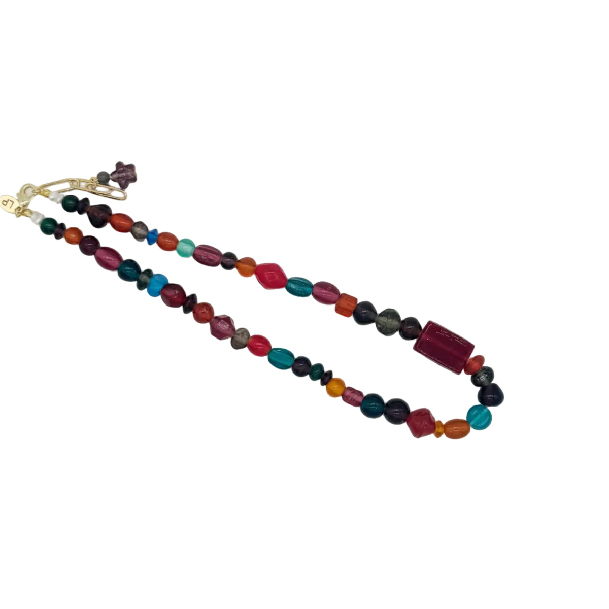 A multi-colored beaded necklace with a gold clasp, featuring faceted beads in shades of red, orange, green, blue, and purple, displayed on a clean white background.