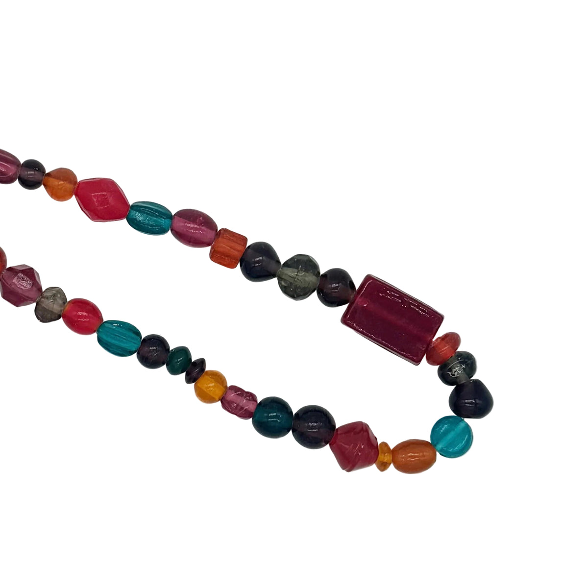 A beaded necklace made of polished, faceted gemstone beads in multiple colors including red, teal, orange, black, and gray, arranged in two loops on a plain white background.