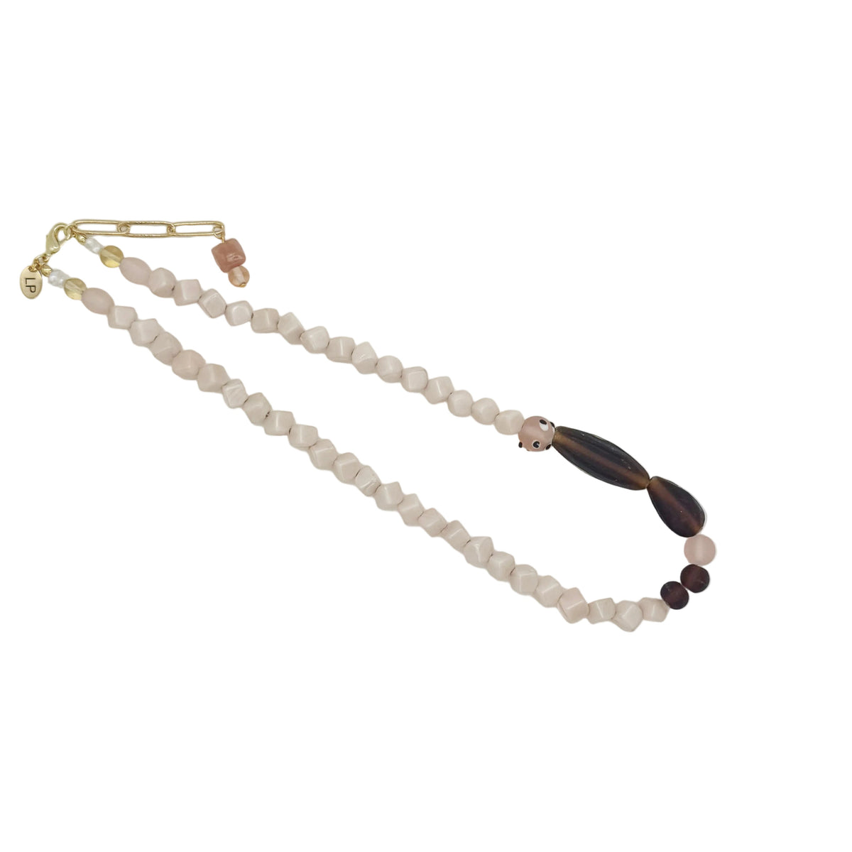 A beaded necklace featuring pale blush pink round beads, a dark brown teardrop-shaped bead centerpiece, and small dark brown accent beads, finished with gold-tone hardware.