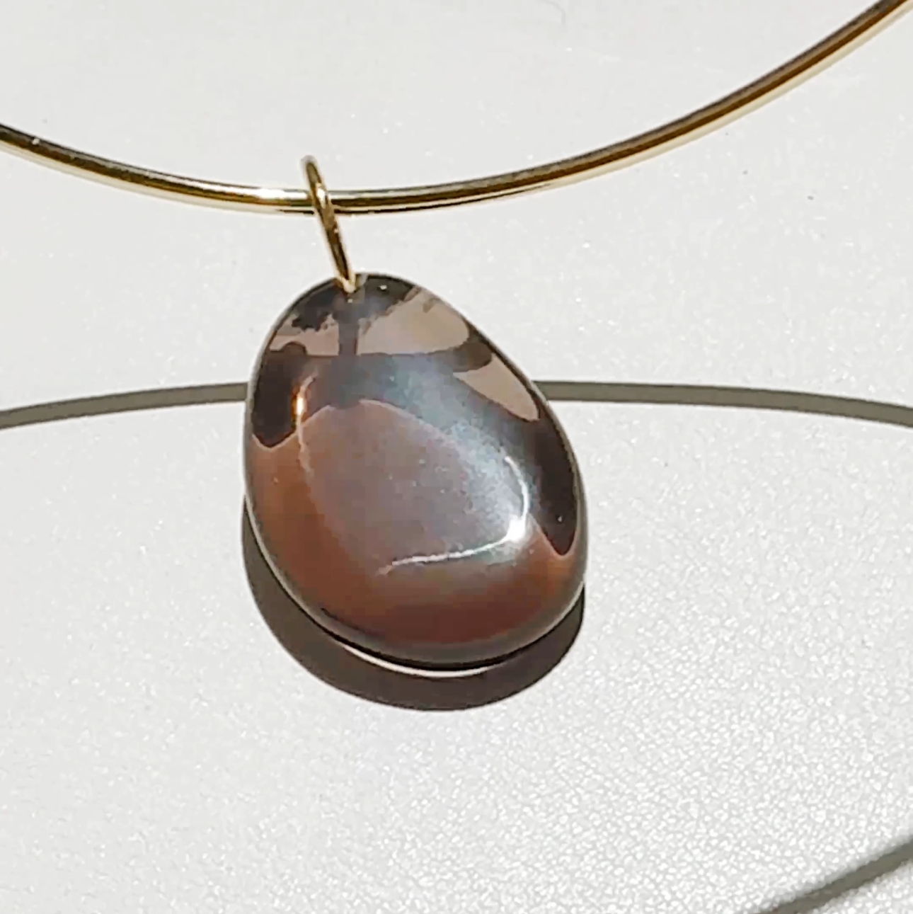 Brown pendant on a gold chain against a white background