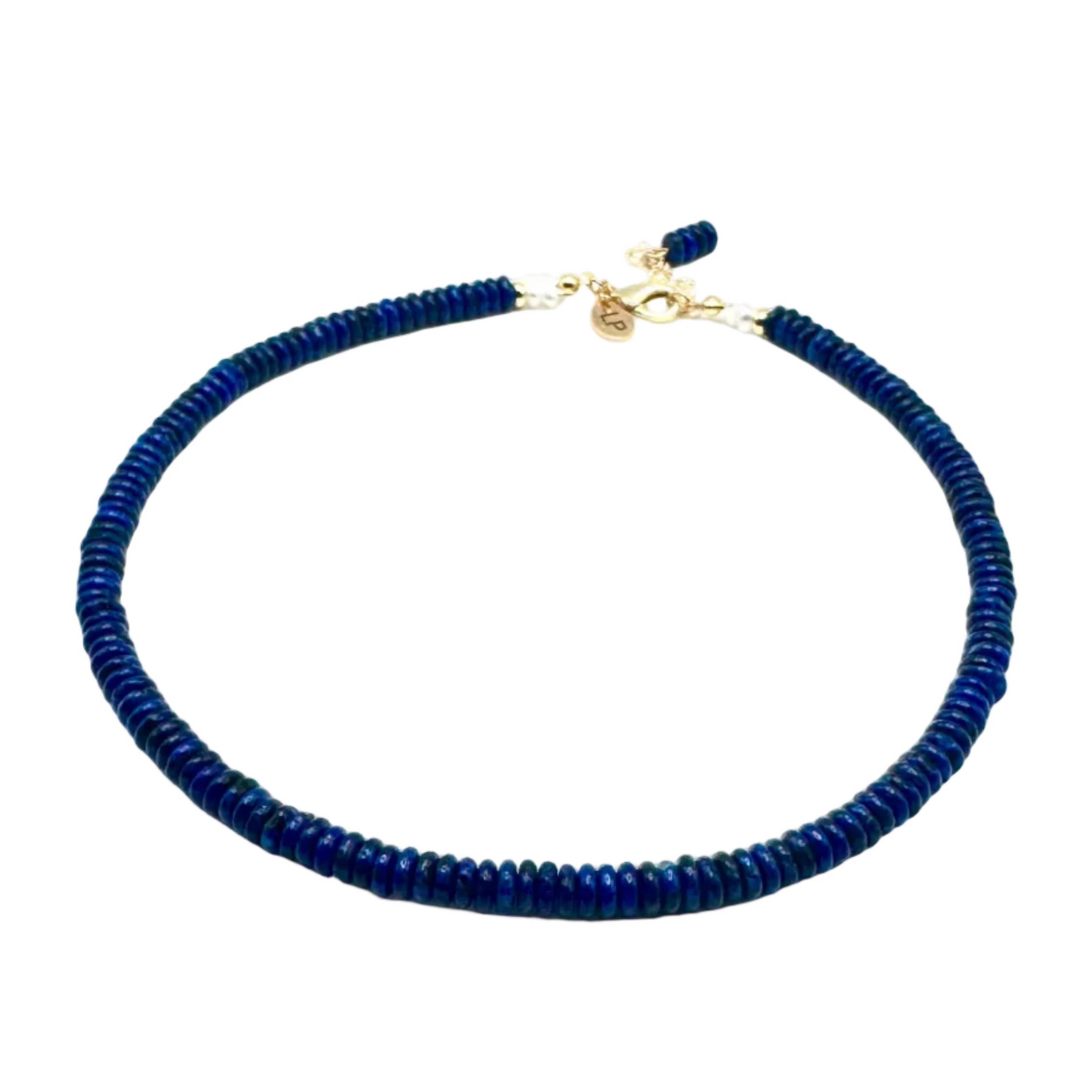 Blue beaded necklace with a gold clasp on a white background