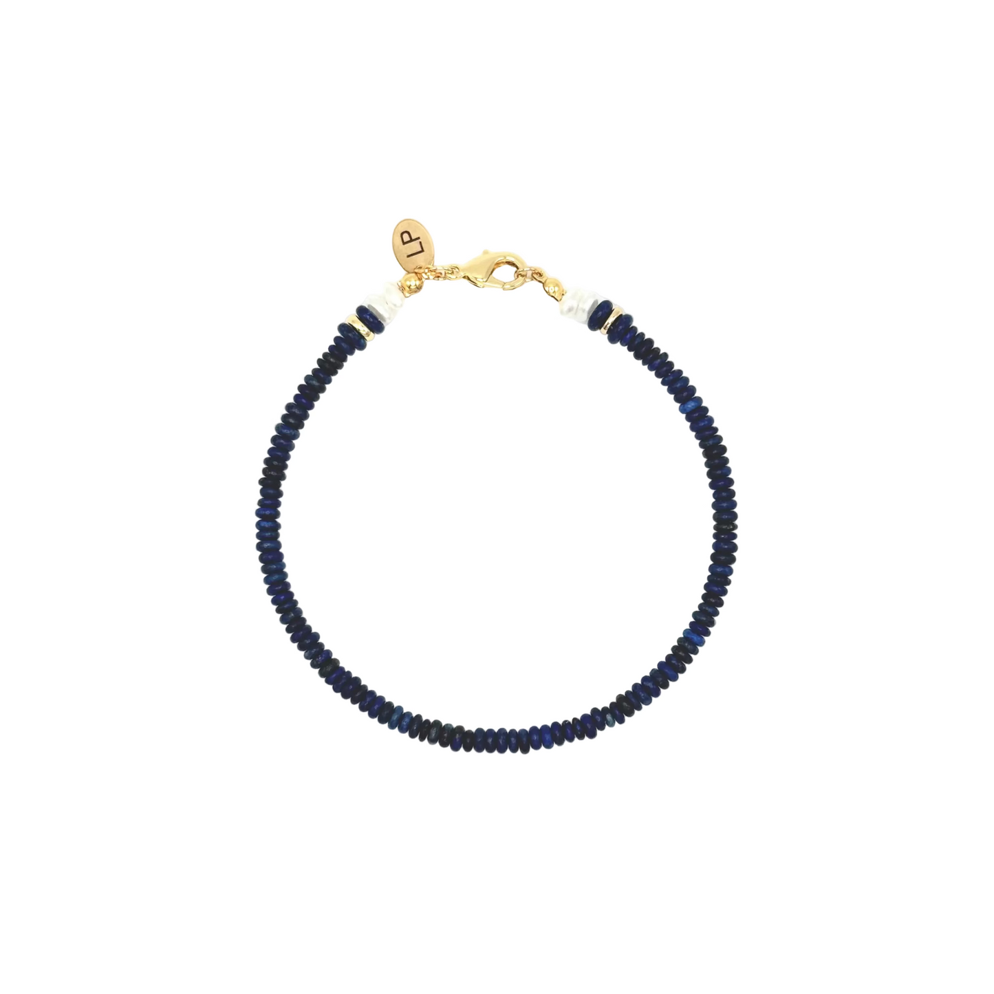 Navy beaded bracelet with a gold clasp on a white background