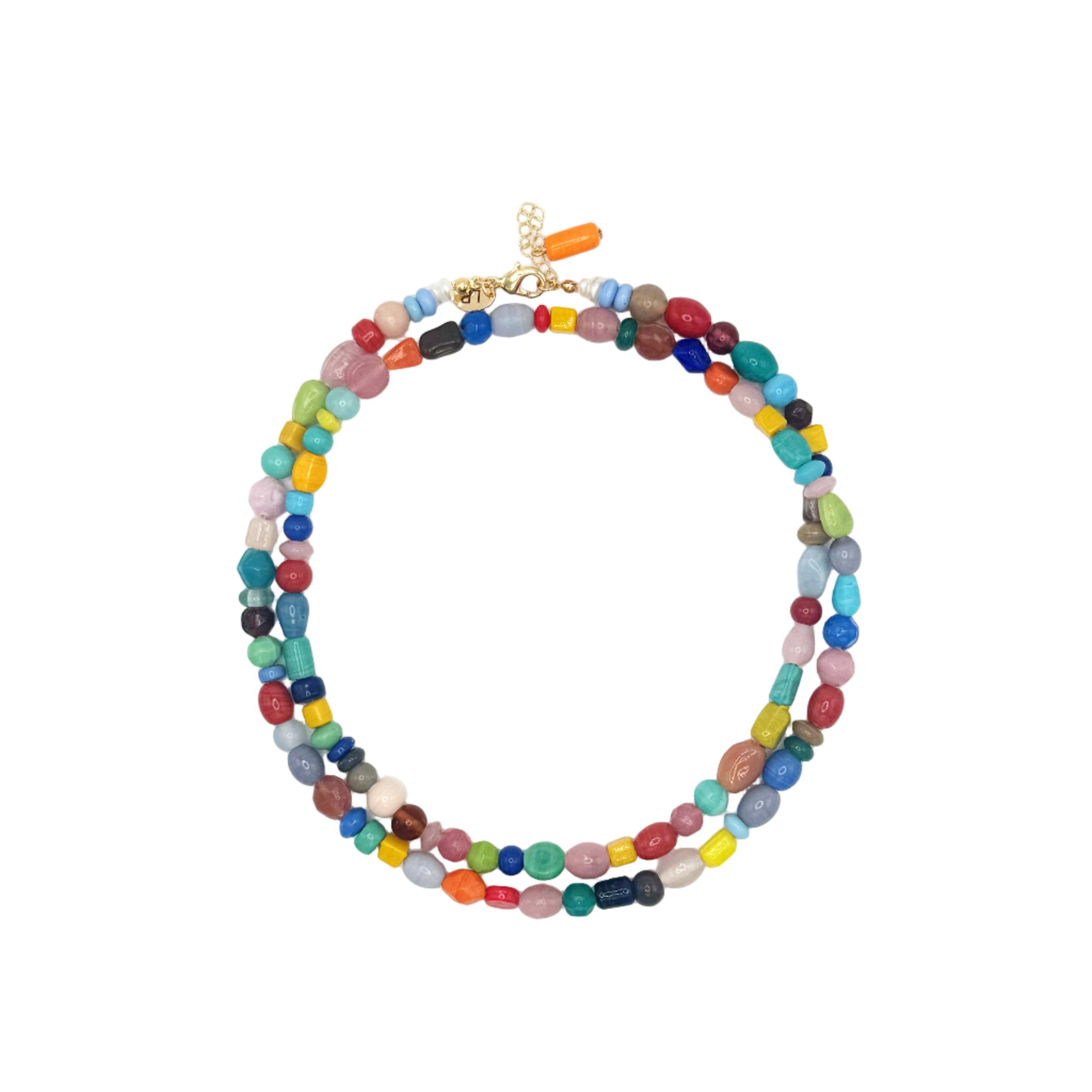 Multicolored beaded necklace on a white background