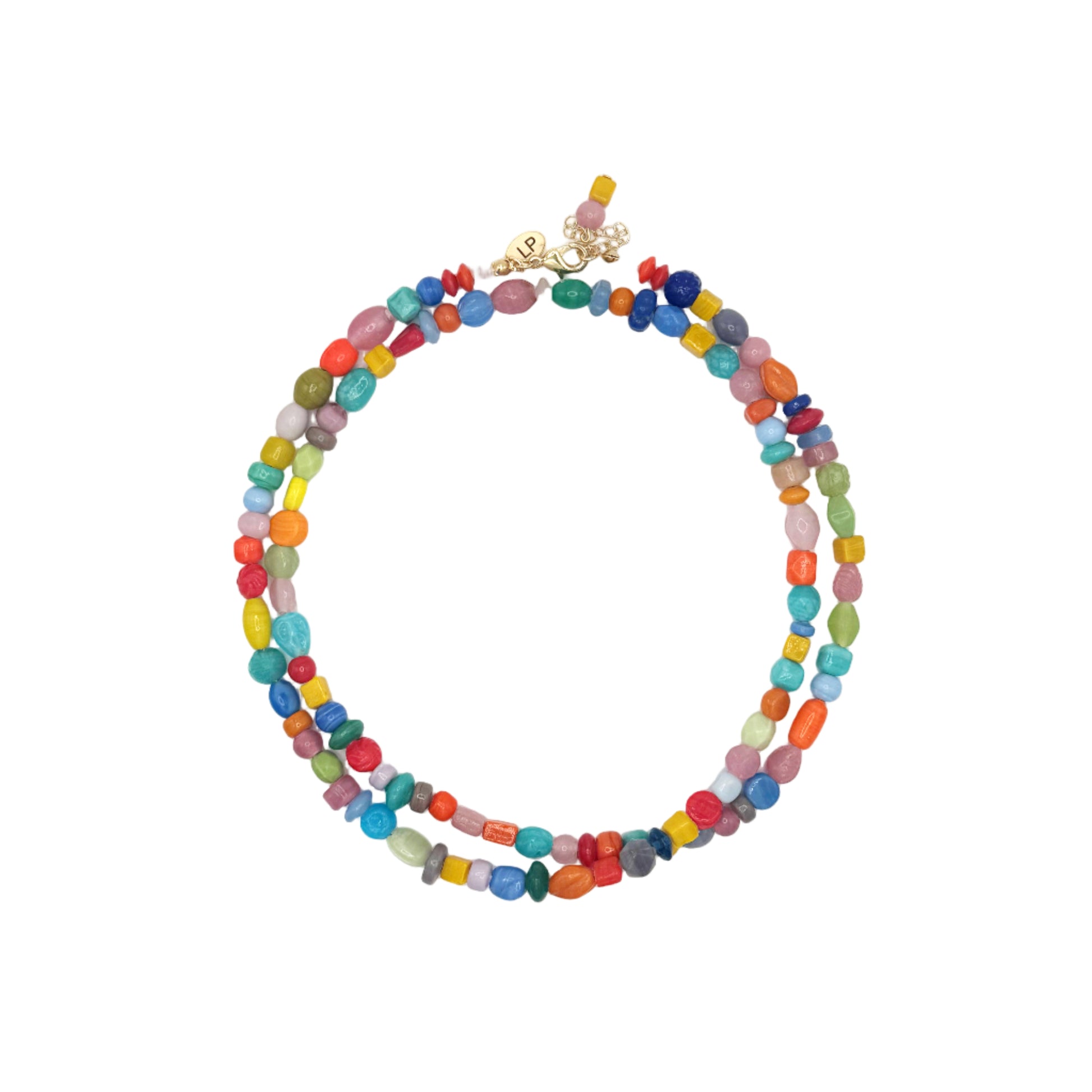 Colorful beaded necklace on a white background