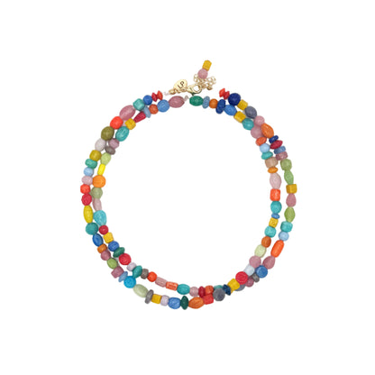 Colorful beaded necklace on a white background
