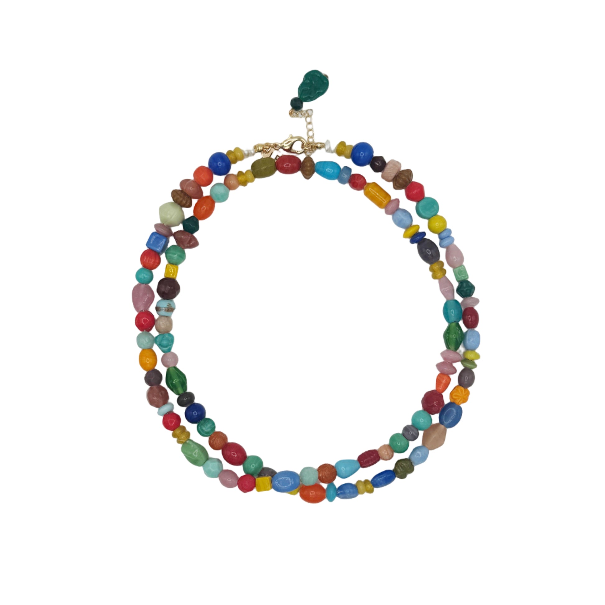 Multicolored beaded necklace on a white background