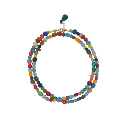 Multicolored beaded necklace on a white background