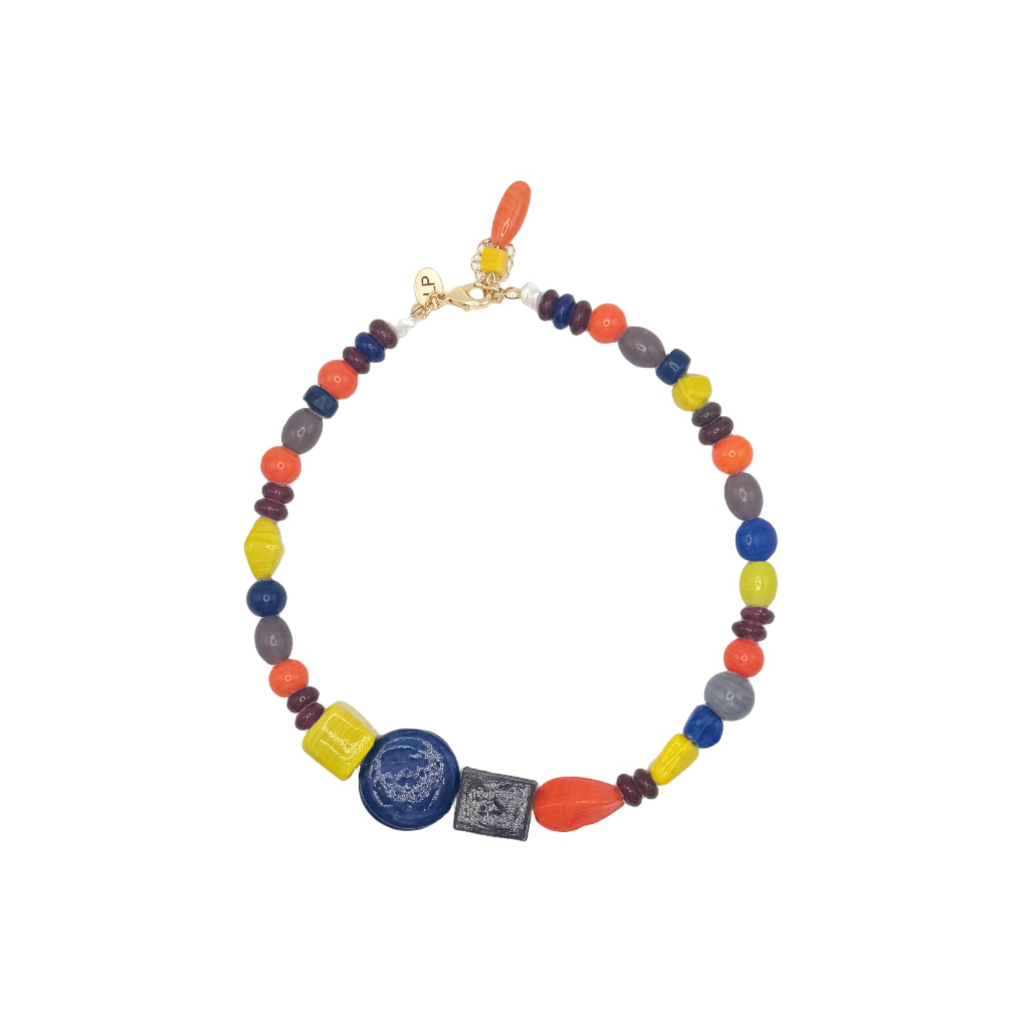 Colorful beaded necklace with a blue pendant on a white background