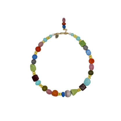Colorful beaded necklace on a white background