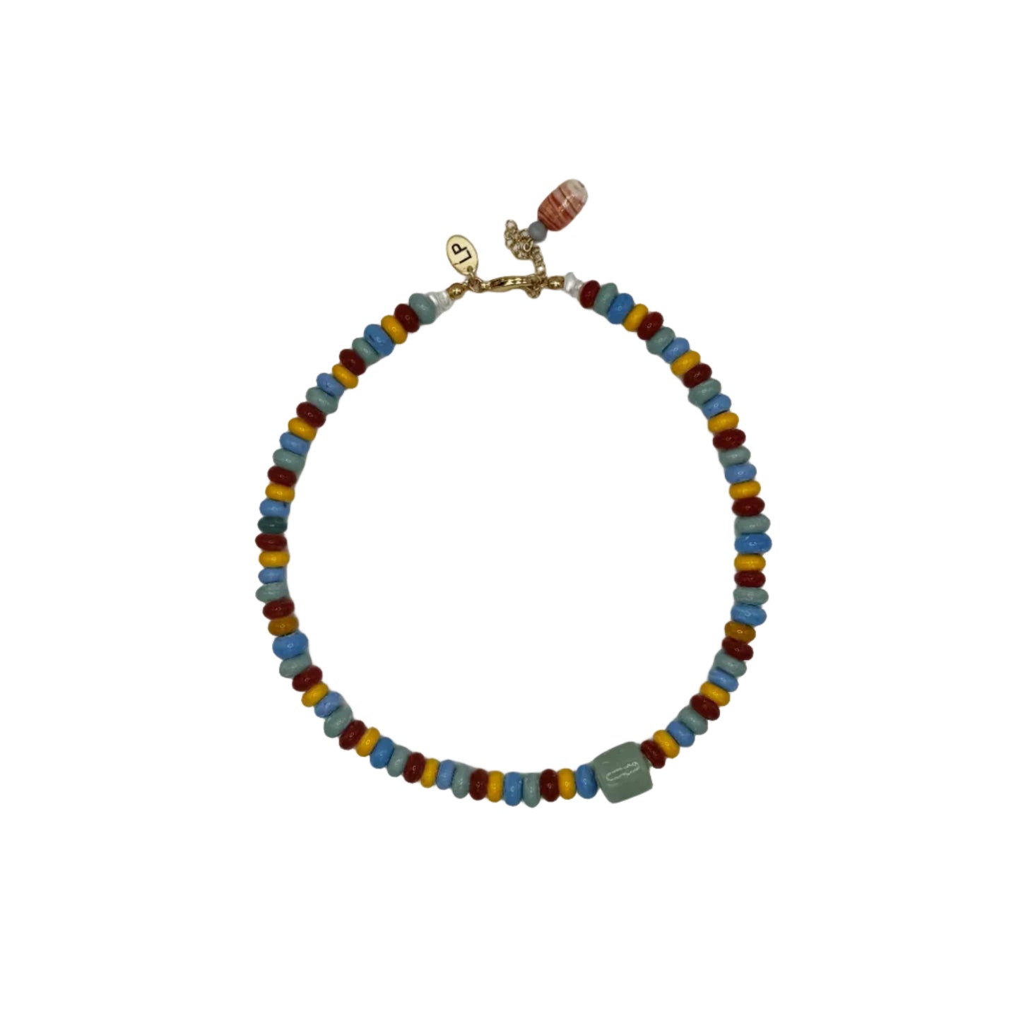 Multicolored beaded necklace on a white background