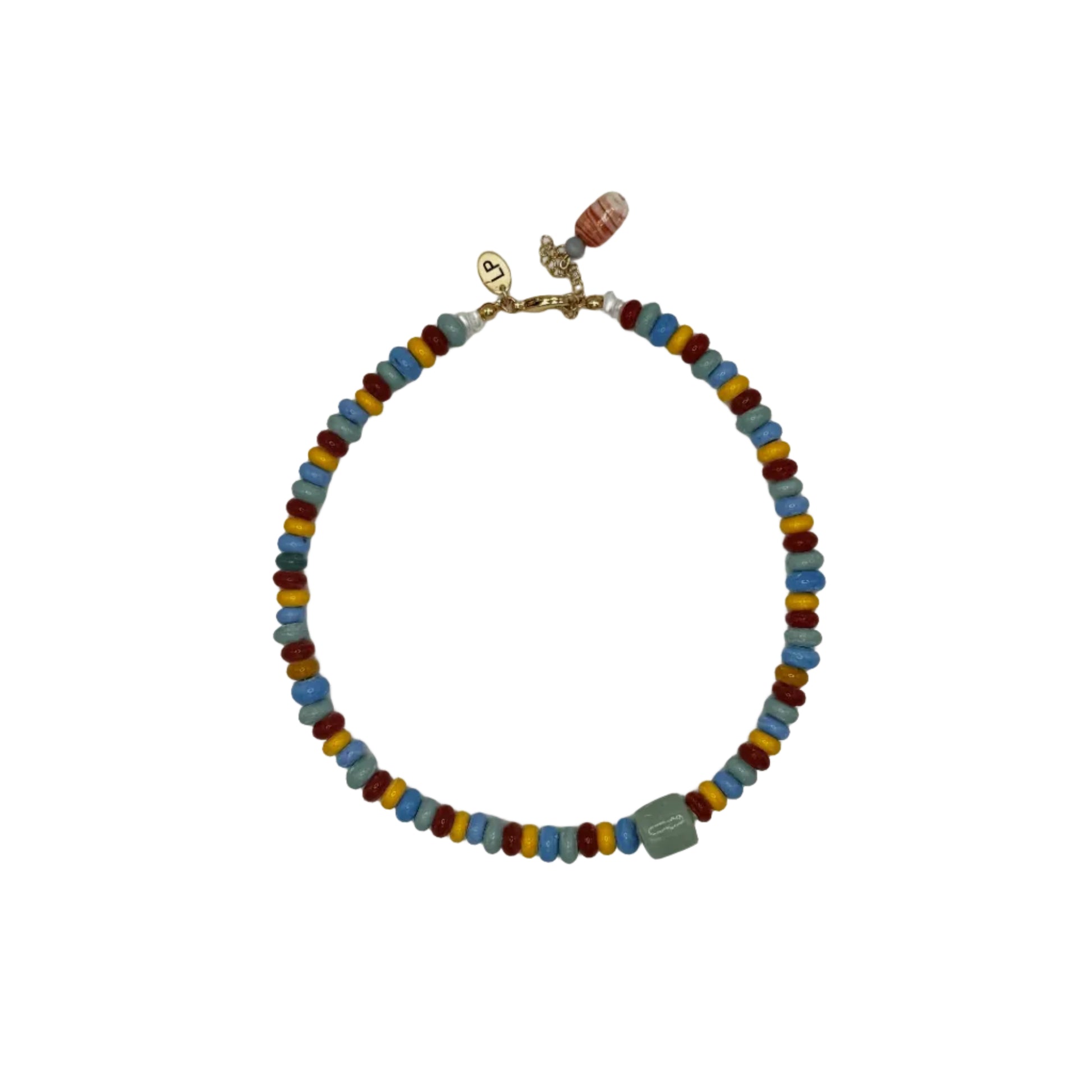 Multicolored beaded necklace on a white background