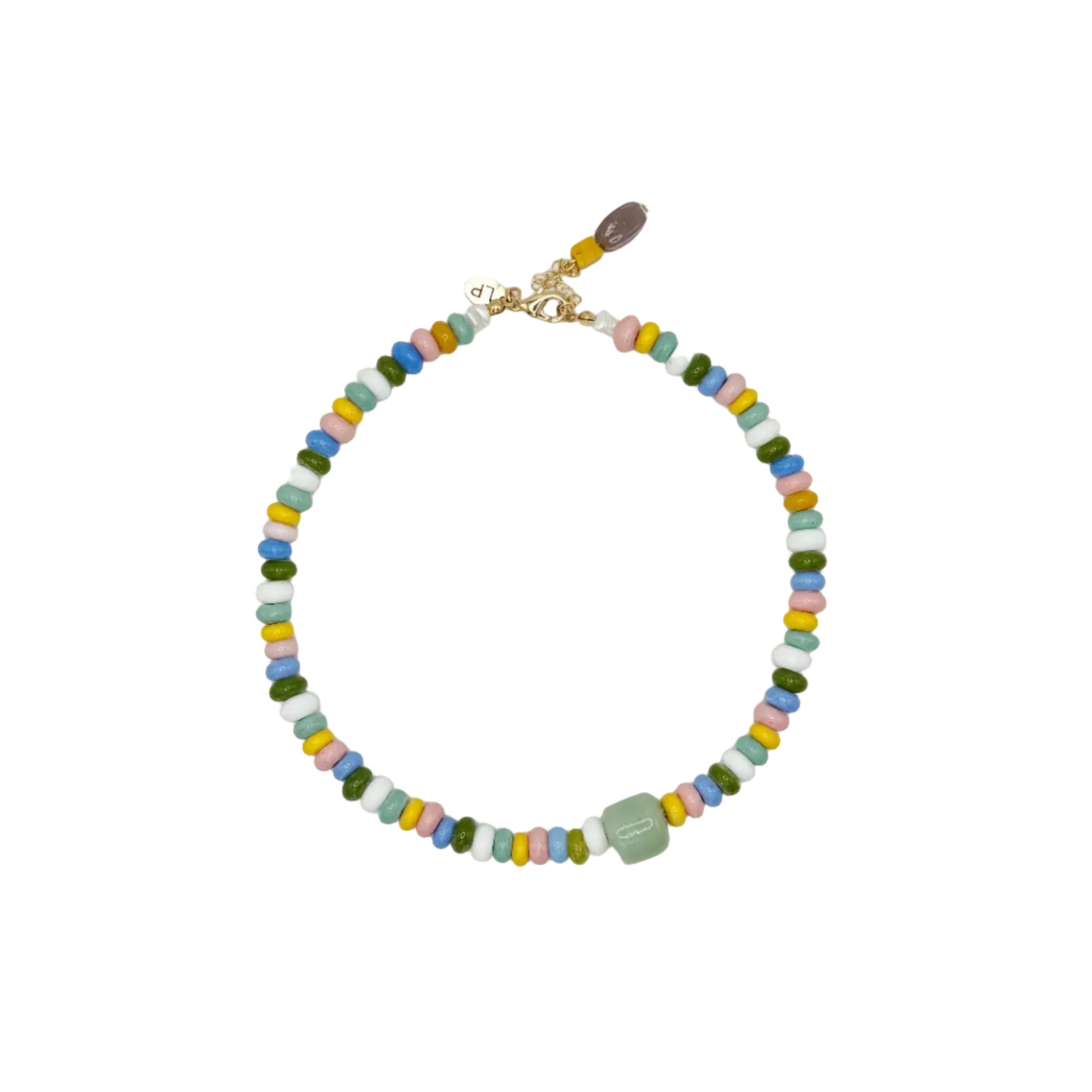 Colorful beaded necklace on a white background