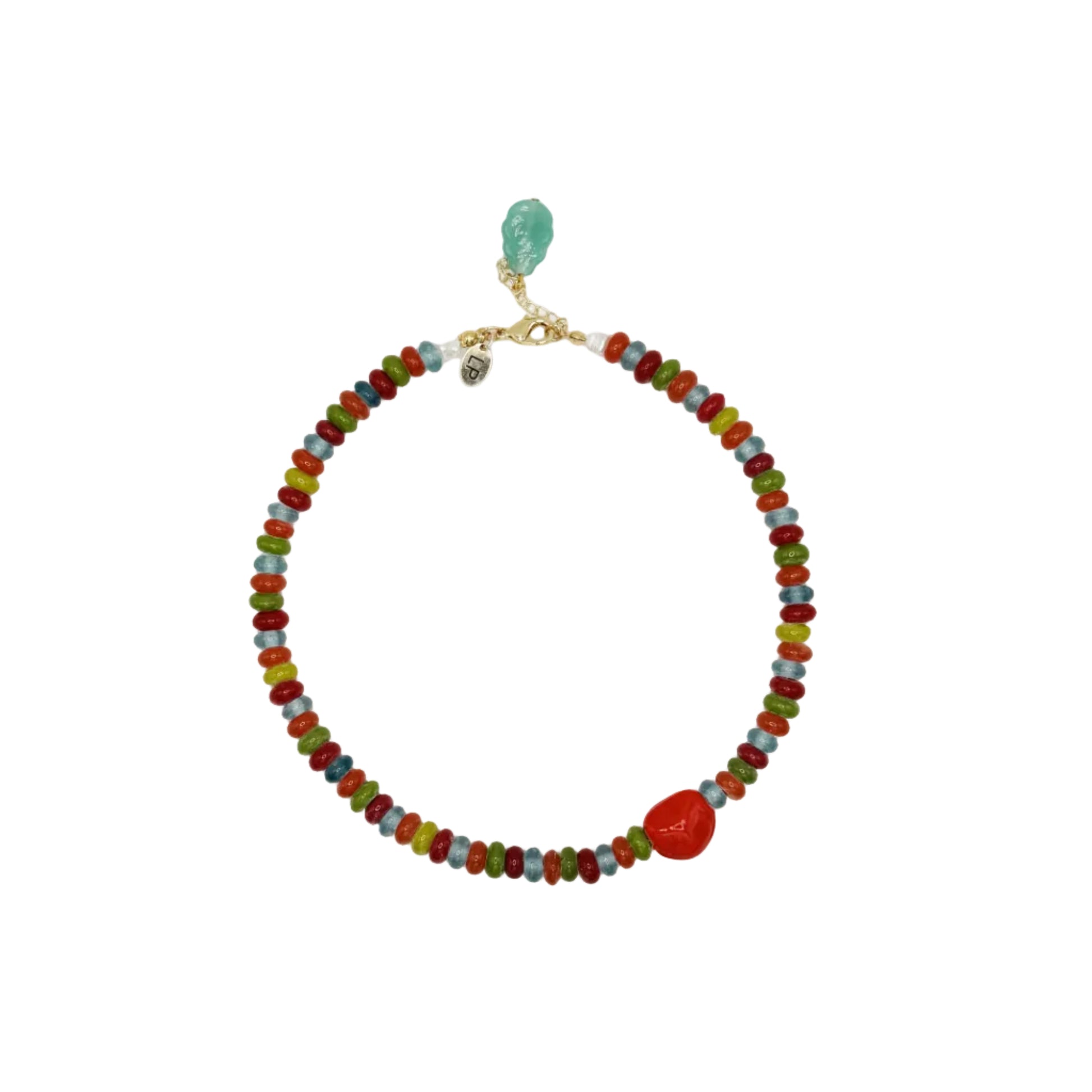 Colorful beaded necklace with a gold clasp on a white background