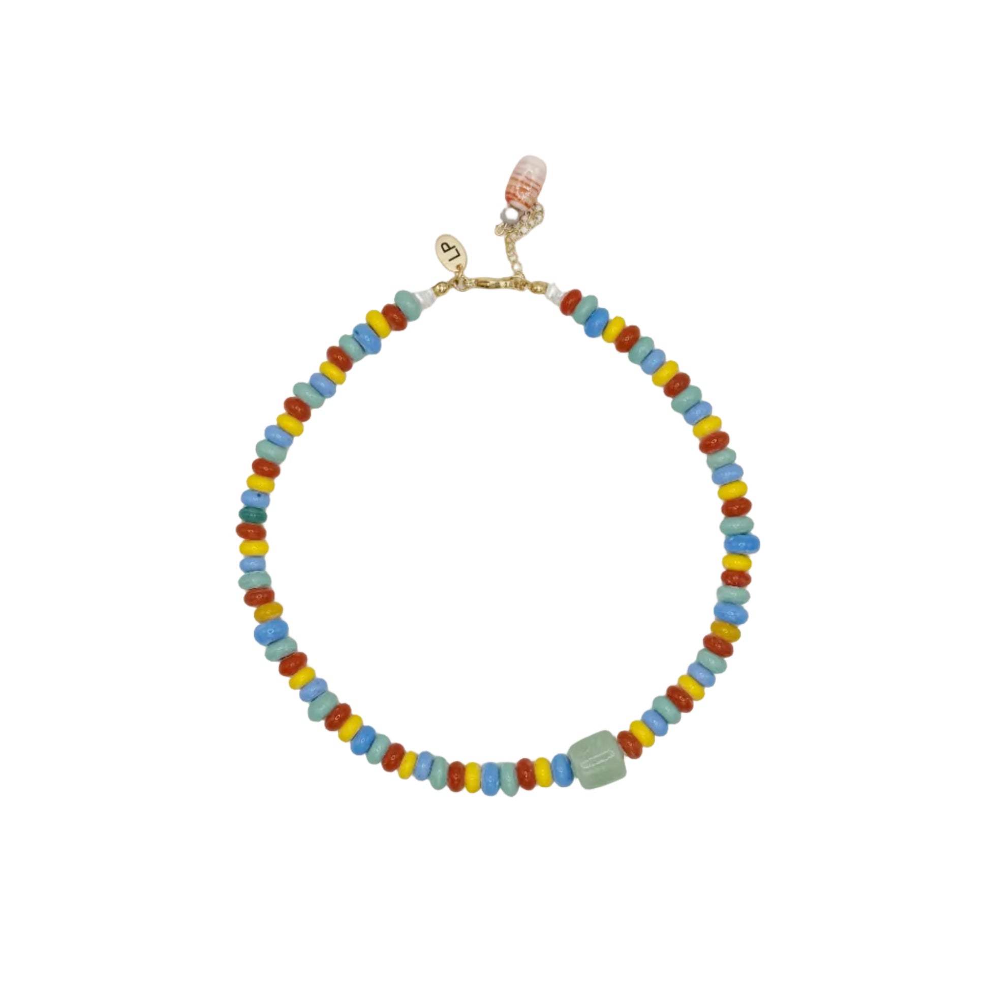 Colorful beaded necklace on a white background