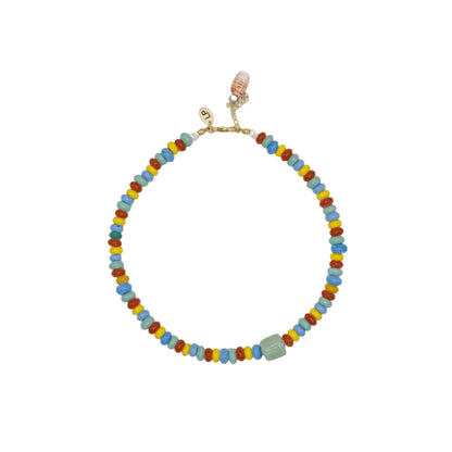 Colorful beaded necklace on a white background
